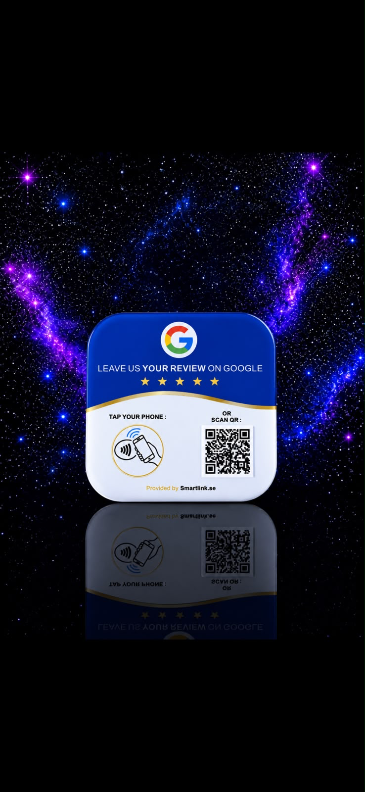 NFC-skylt för Google-omdömen, 50 × 50 mm, på lila rymdbakgrund